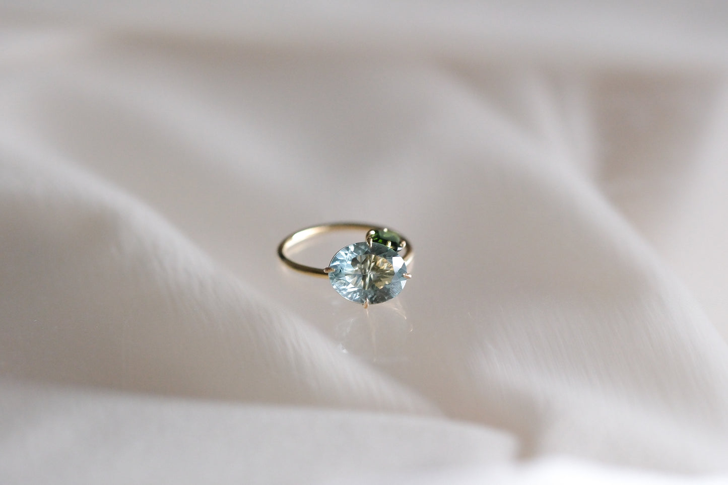 Aquamarine and Green Tourmaline Pirouette Ring