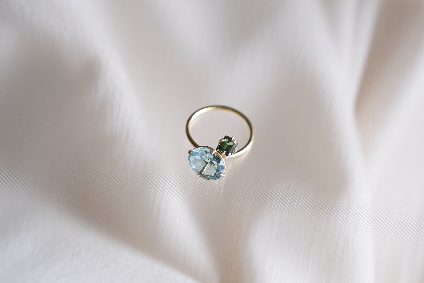 Aquamarine and Green Tourmaline Pirouette Ring