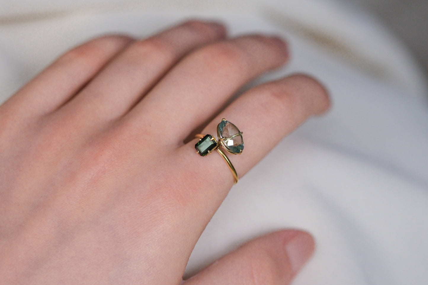 Aquamarine and Green Tourmaline Pirouette Ring