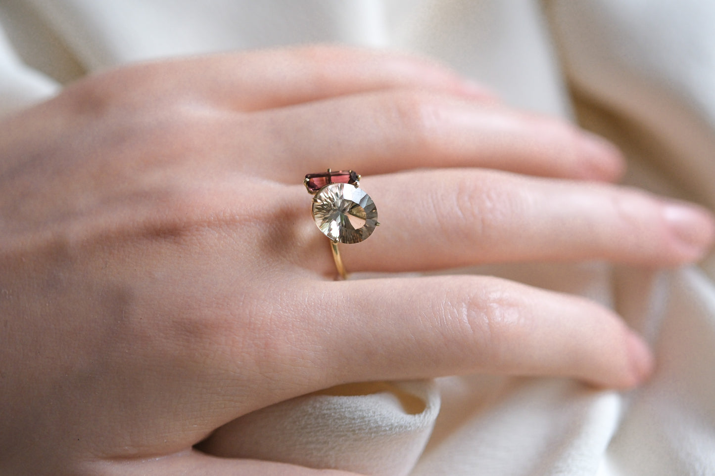 Kunzite and pink tourmaline Pirouette Ring