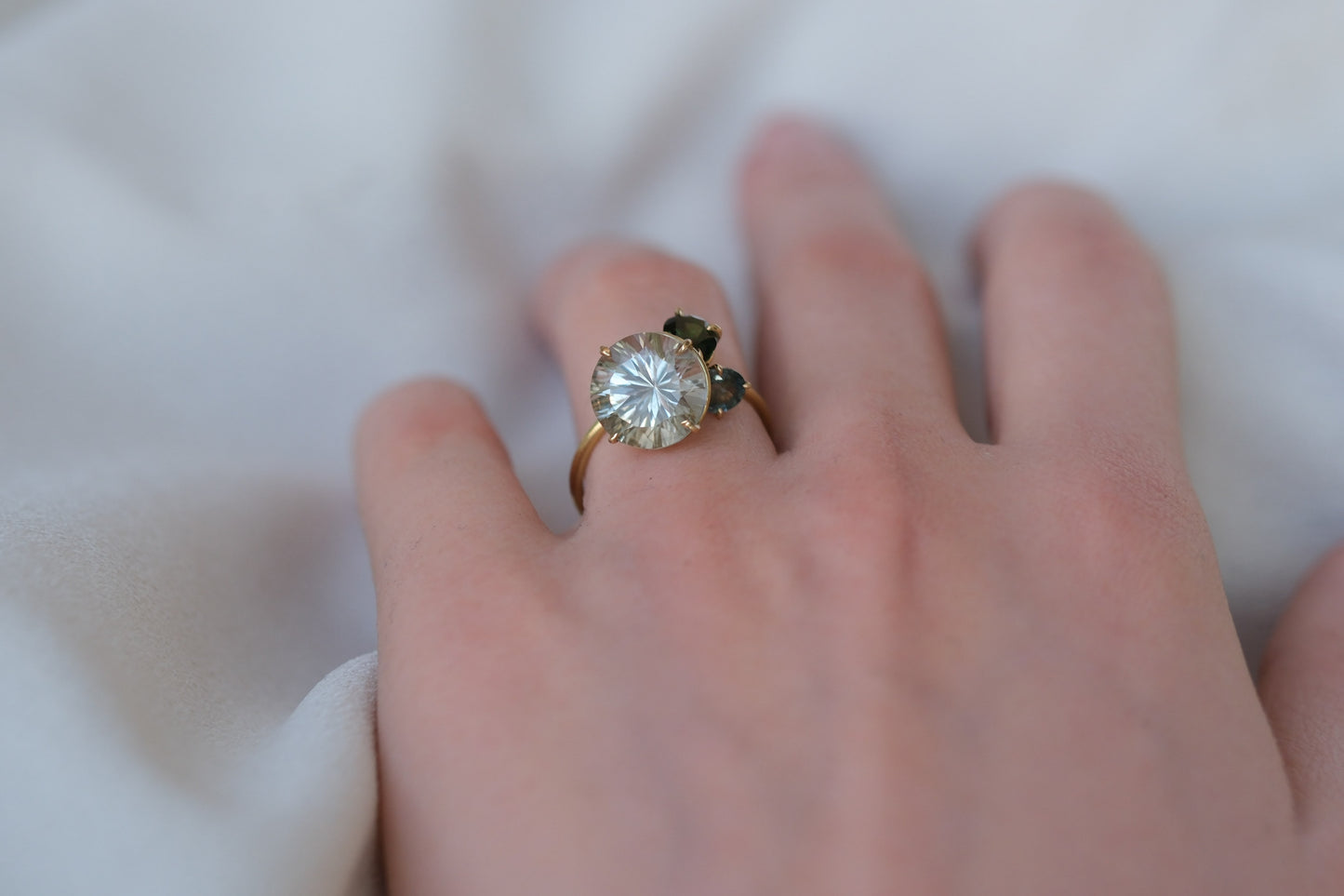 Green Amethyst, Tourmaline, Sapphire Pirouette Ring