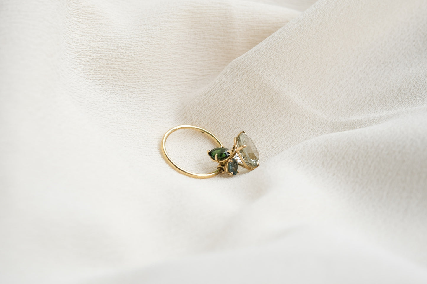 Green Amethyst, Tourmaline, Sapphire Pirouette Ring