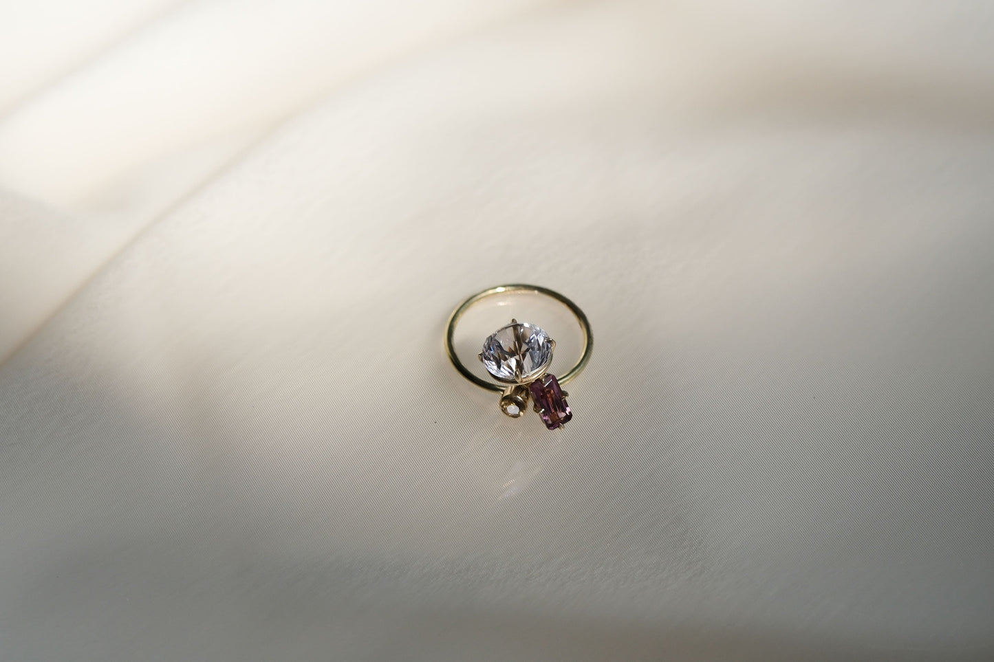 Purple Kunzite, Pink tourmaline, Yellow Citrine Pirouette Ring