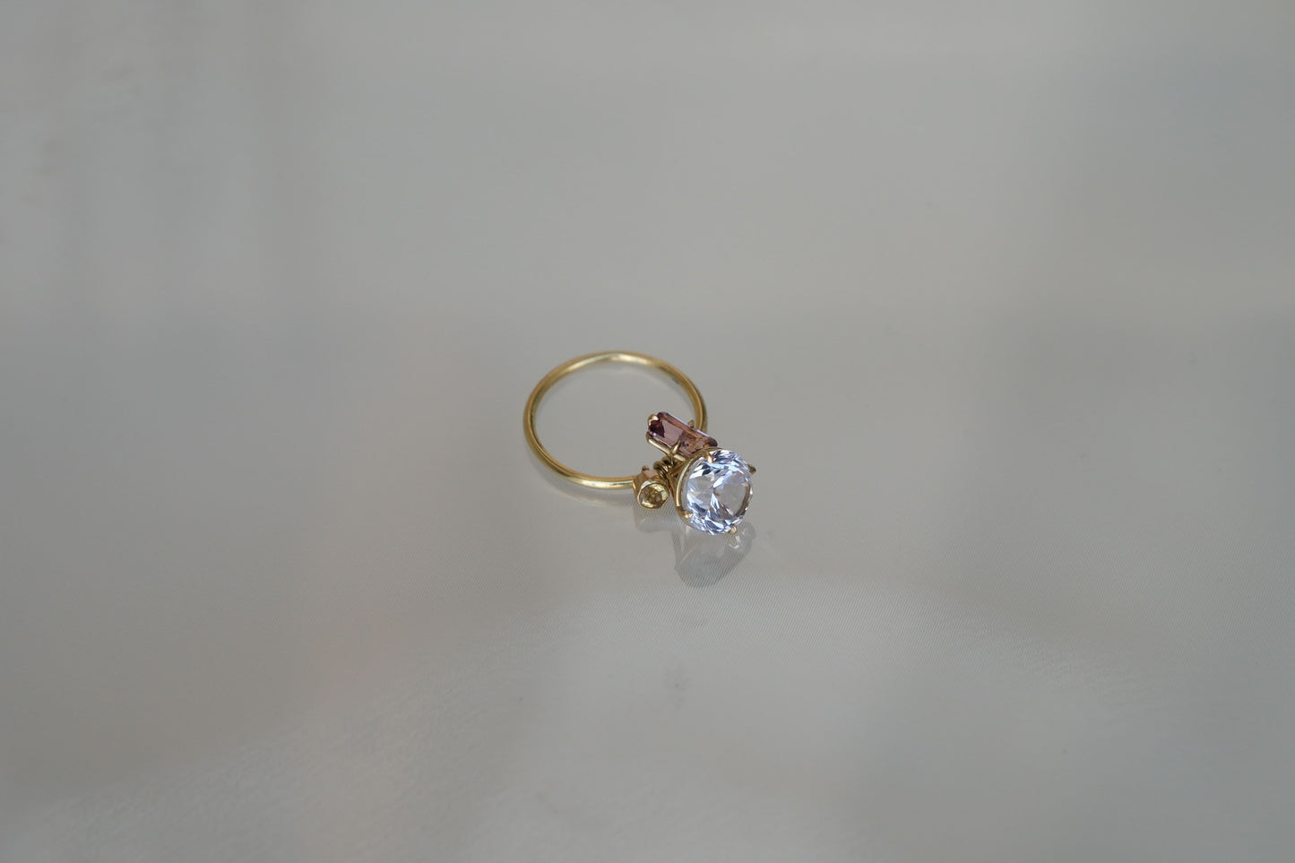 Purple Kunzite, Pink tourmaline, Yellow Citrine Pirouette Ring