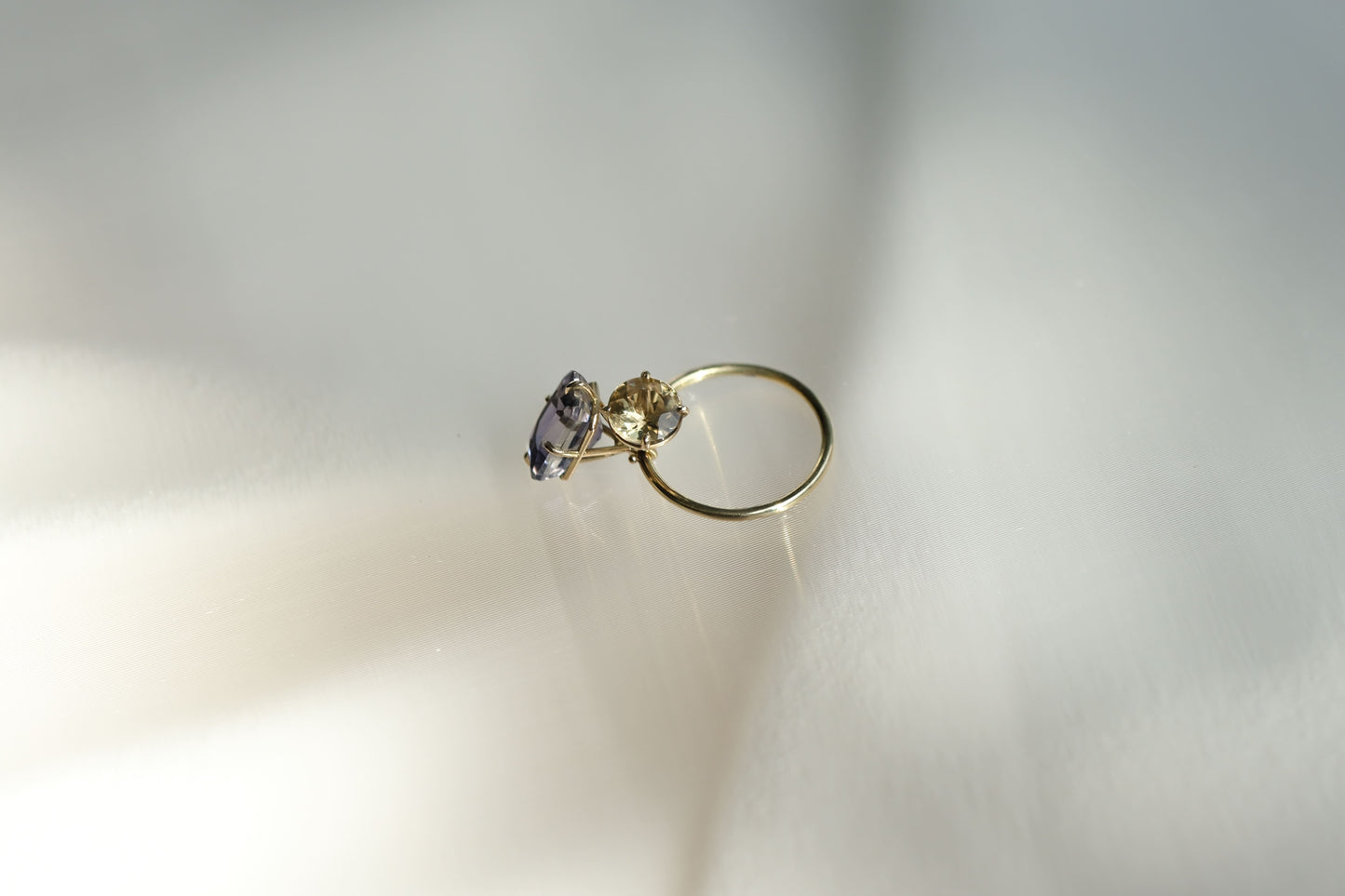 Purple Iolite and yellow Beryl Pirouette Ring
