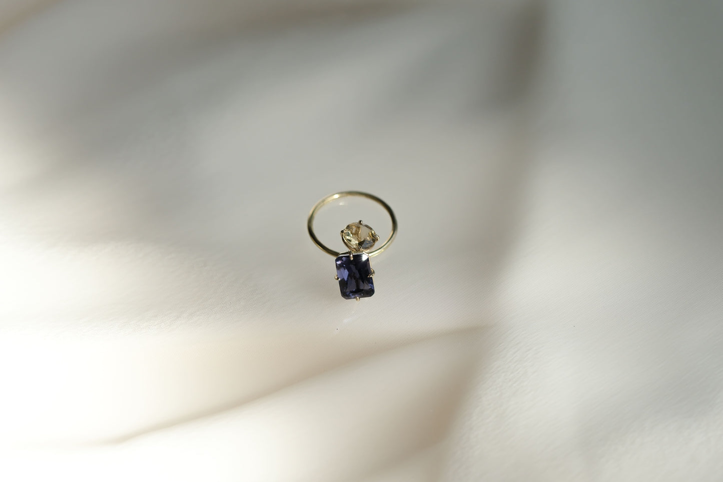 Purple Iolite and yellow Beryl Pirouette Ring