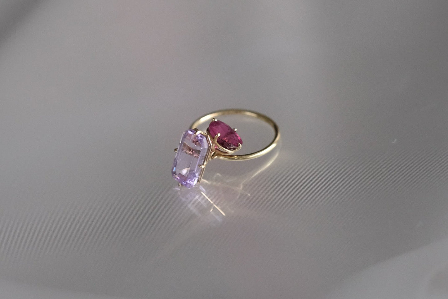 1.53ct  Rubelite and 3.44ct Kunzite Pirouette Ring