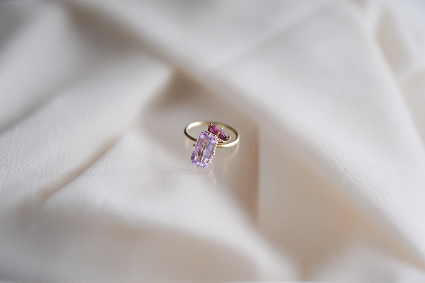 1.53ct  Rubelite and 3.44ct Kunzite Pirouette Ring